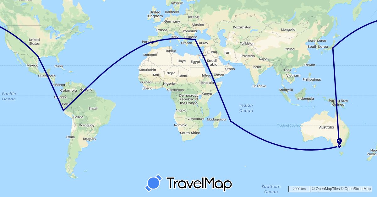 TravelMap itinerary: driving in Australia, Jordan, Japan, Mauritius, Peru, Portugal, Turkey, United States (Africa, Asia, Europe, North America, Oceania, South America)